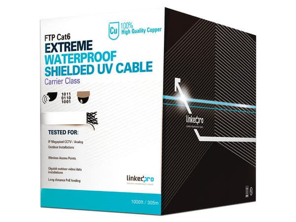 Bobina de Cable UTP Linkedpro, Cat6, 305m, Cobre, 23AWG, para intemperie, sin blindaje. Color Blanco