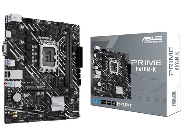 T. Madre ASUS Prime H610M-K, Chipset Intel H610,Soporta: Procesadores Intel Core 12 y 13 Gen, Socket LGA 1700,Memoria: DDR5 4800,5000,5200,5400,5600 MHz,Almacenamiento: M.2, SATA 3.0,Integrado: Audio HD, Red,Micro-ATX, Ptos: 1x PCIe 4.0 x16.