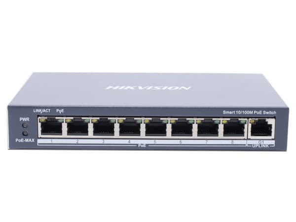 Switch Hikvision DS-3E1309P-EI/M de 8 puertos 10/100 Mbps PoE+ y 1 puerto Gigabit Uplink.