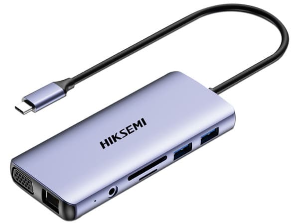 Hub Hikvision HS-HUB-DS11 11 en 1, USB C (M) a HDMI, 2 USB 3.0, 2 USB 2.0, VGA, SD, TF, 3.5mm, RJ-45, USB Tipo C (H), Color Gris.