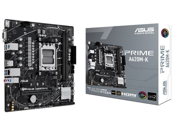 T. Madre ASUS PRIME A620M-K, Chipset AMD A620, Soporta: Procesador AMD Ryzen 7ma y 8va Gen, Socket AM5, Memoria: DDR5 7600+(OC)/6200/4800 MHz, 96GB Máx, Integrado: Audio HD, Red, USB 3.2, SATA 3.0, M.2, Micro-ATX, Ptos: 1xPCIe4.0x16, 1xPCIe3.0x1