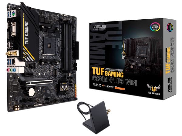 T. Madre ASUS TUF GAMING A520M-PLUS WI-FI, Chipset AMD A520,Soporta: AMD Ryzen 3ra, 4ta y 5ta Generación, Socket AM4,Memoria: DDR4 4866/3600/2133 MHz, 128GB Max,Integrado: Audio HD, Red, USB 3.2, Wi-Fi 5,SATA 3.0 y M.2,Micro-ATX, Ptos: 1xPCIEx1