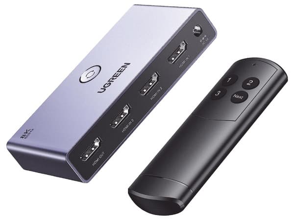 Switch (Splitter) 8K HDMI 2.1, 3 entradas 1 salida, incluye control remoto, soporta 8Ka 60Hz, 4K a 120Hz, 4K a 60Hz, 3D, HDR, HDCP 2.3, carcasa de aluminio.