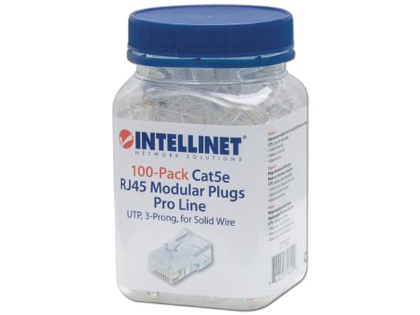 Plugs RJ-45 Intellinet, Cat5e, UTP, bote con 100 piezas.