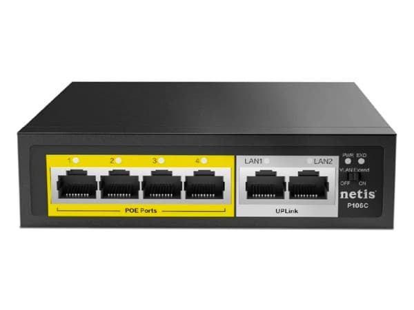 Switch Netis P106C de 4 puertos PoE 10/100Mbps y 2 puertos Uplink 10/100Mbps, 65W. Color Negro.