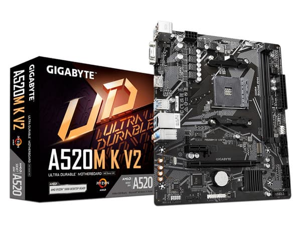 T. Madre GIGABYTE A520M K V2, Chipset AMD A520, Soporta: AMD Ryzen 3ra, 4ta y 5ta Generación, Socket AM4,Memoria: DDR4 5100/3200/2133 MHz, 64GB Max,Integrado: Audio HD, Red,USB 3.2 y SATA 3.0, M.2,Micro-ATX, Ptos: 1xPCIE3.0x16, 1xPCIEx1.