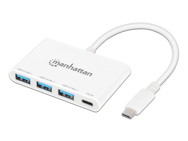 Hub USB-C Manhattan 3 Puertos, USB-C, USB-A y 1 Puerto Power Delivery, Color Blanco.