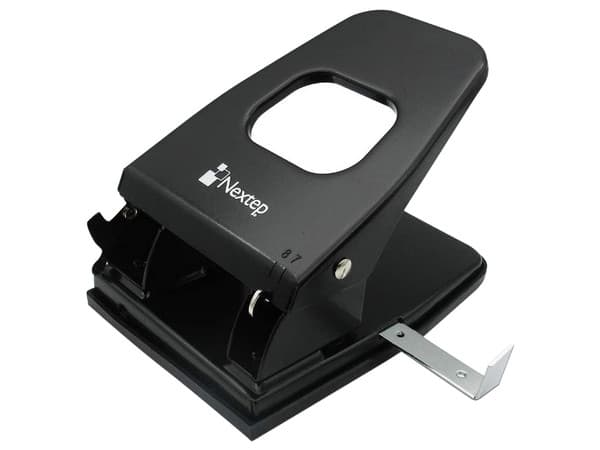 Perforadora de 2 orificios ajustable con separación de 7/8 cm, capacidad para 25 hojas. Paquete con 2 piezas.