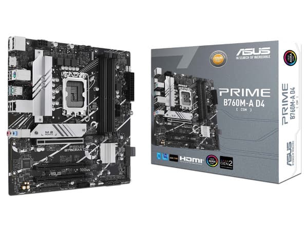 T. Madre ASUS PRIME B760M-A D4 CSM, Chipset Intel B760M, Soporta: Intel 14va, 13va y 12va Generación de Socket 1700, Memoria: DDR4 5333(OC)/4800(OC)/2133MHz, 128GB Max, Integrado: AudioHD, Red, USB 3.2 y SATA 3.0, M.2, Micro-ATX, Ptos: 3xPCIE4.0x16.