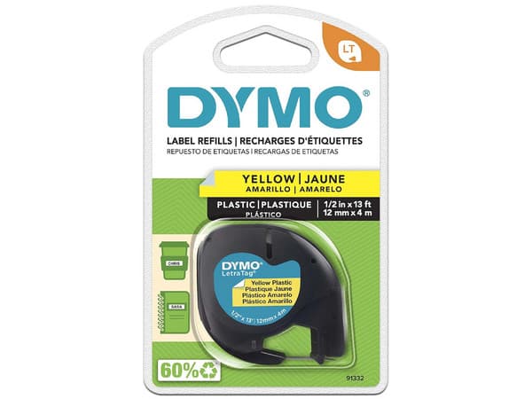 Cinta Etiquetadora Dymo Letratag Berol 91332 Negro sobre Amarillo de Plástico.