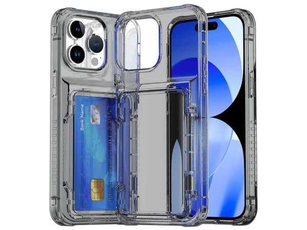 Funda Protectora TEKKU TPU, Con Tarjetero, Compatible con iPhone 15 Pro, Color Gris Transparente.