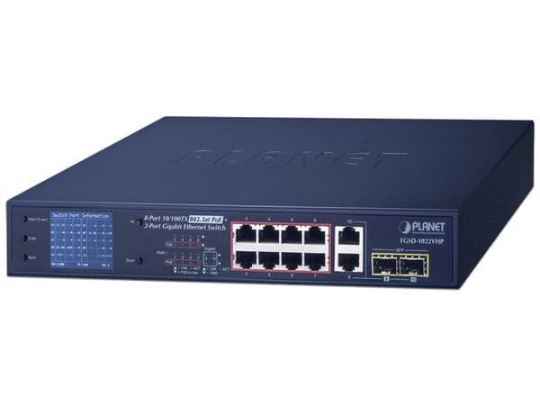 Switch Planet Technology FGSD-1022VHP de 8 Puertos Gigabit (10/100Mbps), 2 Puertos SFP, Modo Extendido Hasta 250 m, Color Azul.