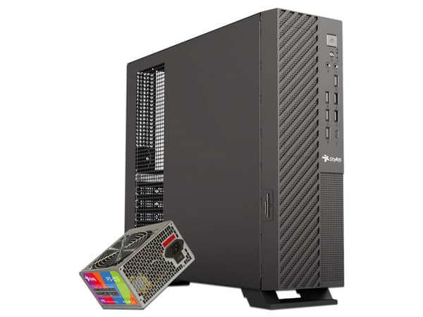 Gabinete Stylos Mince Slim ITX, Mini-Tower, ITX, (Incluye Fuente de Poder de 550W), Color Negro.