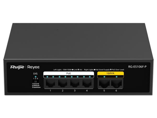 Switch Ruijie RG-ES106F-P de 4 puertos PoE, 2 puertos 10/100 Mbps, Hasta 54W.