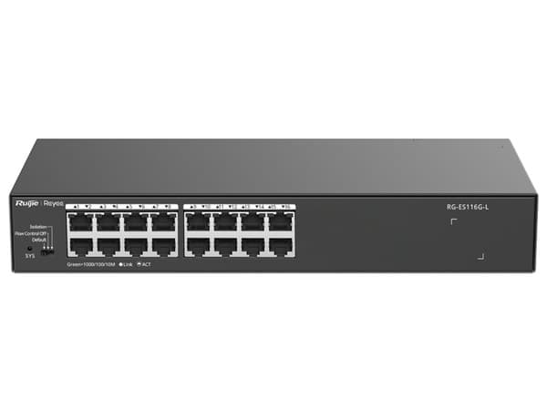 Switch Ruijie RG-ES116G-L de 16 puertos 10/100/1000 Mbps, Protección Eléctrica de 4KW.