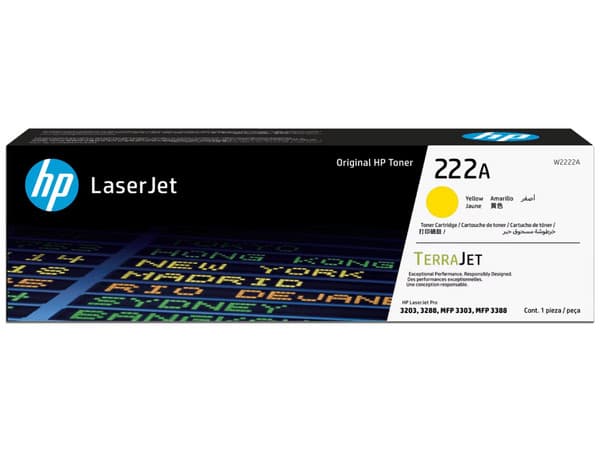 Toner HP 222A W2222A amarillo, compatible con LaserJet Pro MFP 3303 / MFP 3388, rendimiento de 1,200 páginas.