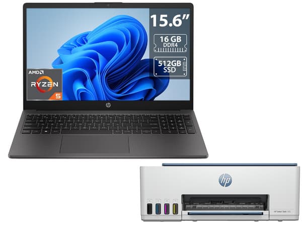 Laptop HP 255 G10: Procesador AMD Ryzen 5 7530U (hasta 4.5 GHz), Memoria de 16GB DDR4, SSD de 512GB, Pantalla de 15.6" LED, Video Radeon Graphics, S.O. Windows 11 Home (64 Bits),Incluye Multifuncional HP Smart Tank 585 