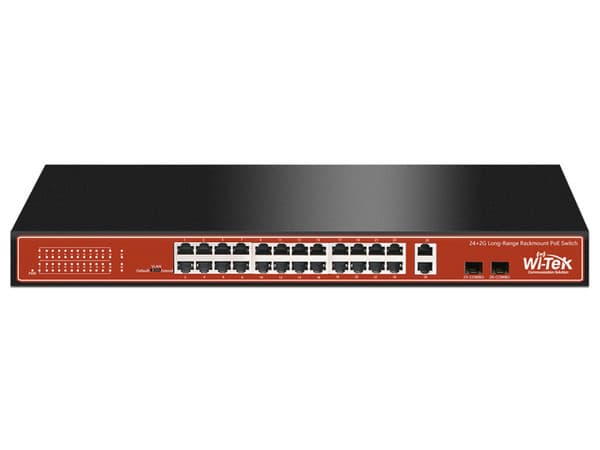 Switch No Administrable Wi-Tek WI-PS526G de 24 puertos 10/100/1000 Mbps y 2 puertos SFP, PoE. Color Negro / Naranja