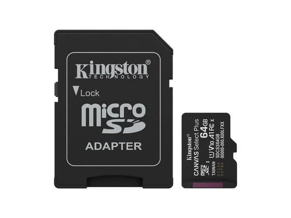 Memoria Kingston MicroSDXC UHS-I U1 Canvas Select Plus de 64GB, A1, Gen 3, 100 MB/s, Clase 10. Incluye adaptador.