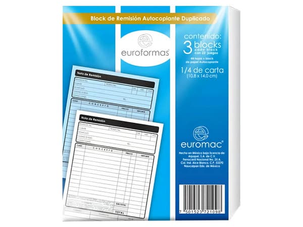 Block Euroformas Remisión Autocopiantes 1/4 (Modelo ER0005) incluye tres blocs, cada uno con 22 juegos de hojas, ideales para registrar remisiones en negocios y oficinas.
