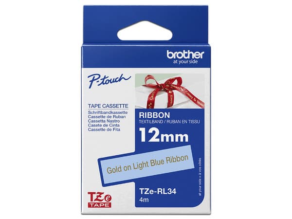 Cinta, Brother, TZE-RL34 12mmx4m Tela Satinada No Adhesiva para PTD210, Dorado sobre Azul.