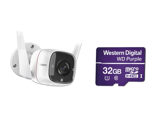 Cámara de Vigilancia TP-Link Tapo C310 para exterior de 3MP, IR hasta 30m, Wi-Fi, IP66, incluye Memoria Western Digital Purple QD101 MicroSDXC de 32GB.