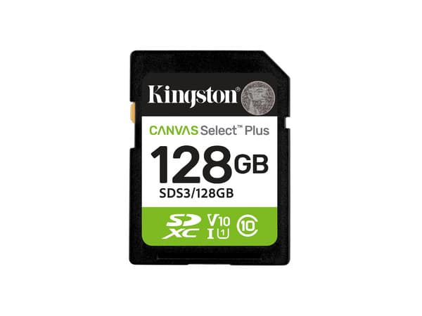 Memoria SD Kingston 128 GB, SDXC, 150 MB/s, Clase 10, Canvas Select Plus Gen3, Modelo SDS3/128GB.
