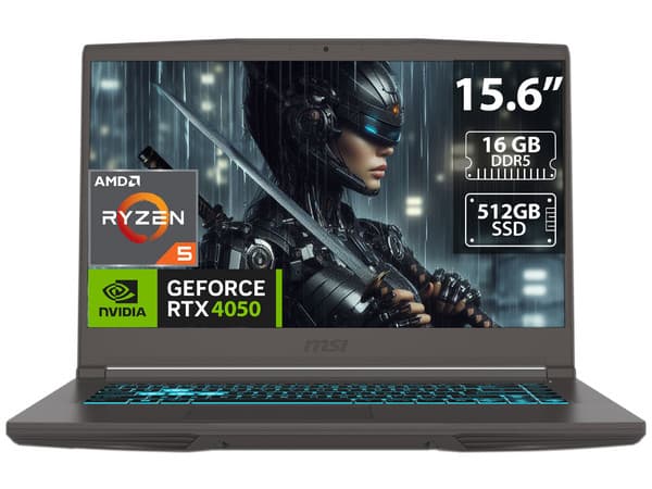 Laptop MSI Thin A15:Procesador AMD Ryzen 5 7535HS (hasta 4.6 GHz),Memoria de 16GB DDR5,SSD de 512GB,Pantalla de 15.6" LED Full HD (1920x1080), 144Hz,NVIDIA GeForce RTX 4050 6GB GDDR6,Teclado Retroiluminado,S.O. Windows 11 Home.