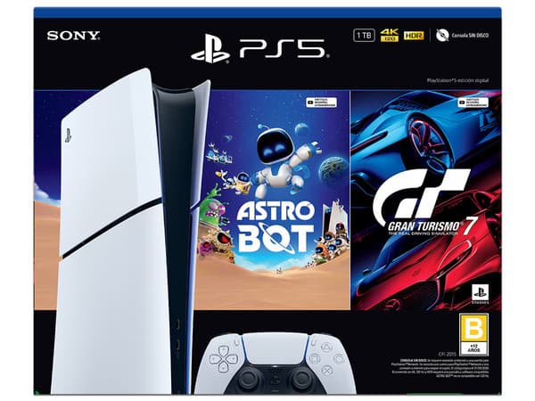 Consola PlayStation 5 Slim Edición Digital de 1TB, Incluye Videojuegos Gran Turismo y Astro Bot, 120FPS, HDR, 4K, Color Blanco.