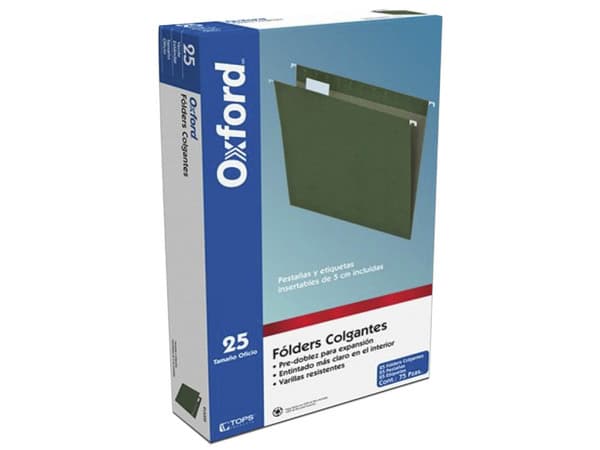Paquete de Carpetas Colgantes Oxford 91535X, Tamaño Oficio, 25 piezas, Color Verde.