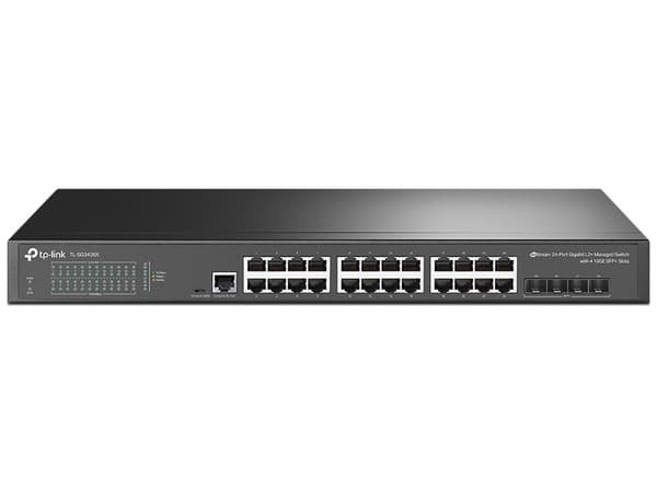 Switch Gigabit TP-LINK TL-SG3428X de 24 puertos RJ-45 10/100/1000 Mbps y 4 puertos SFP+ 10Gbps.