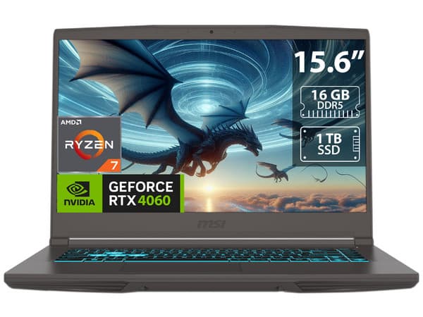 Laptop Gamer MSI THIN A15: Procesador AMD Ryzen 7 7735HS (hasta 4.75 GHz), Memoria de 16GB DDR5, SSD de 1TB, Pantalla de 15.6" LED, Full HD (1920 x 1080),Video NVIDIA GeForce RTX 4060 8GB GDDR6, S.O. Windows 11 Home.