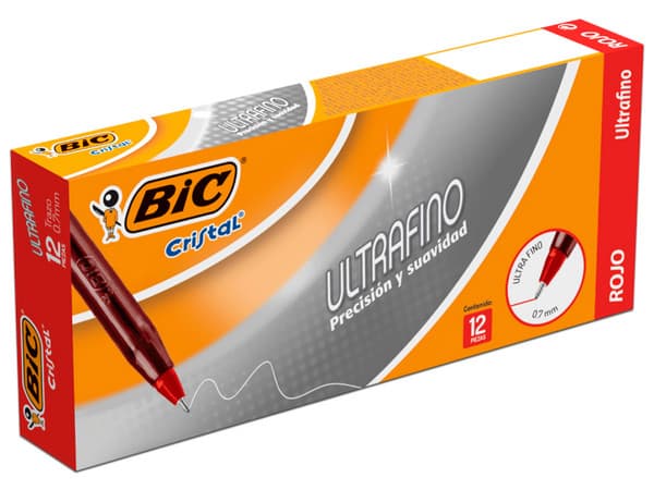 Bolígrafo Bic Cristal Precisión y Suavidad, Punta Ultra Fina de 0.7 mm, Color Rojo, Paquete Con 12 Piezas.