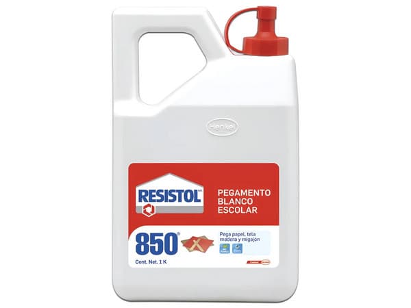 Pegamento Blanco Resistol 850 Jumbo de 1 kilogramo es un adhesivo líquido versátil y no tóxico, ideal para materiales como madera, papel, cartón, cerámica, tela, foamy y corcho.