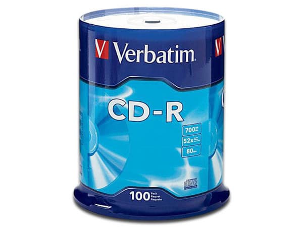 CD-R Verbatim, 700MB, 52x, 1 torre con 100 piezas.