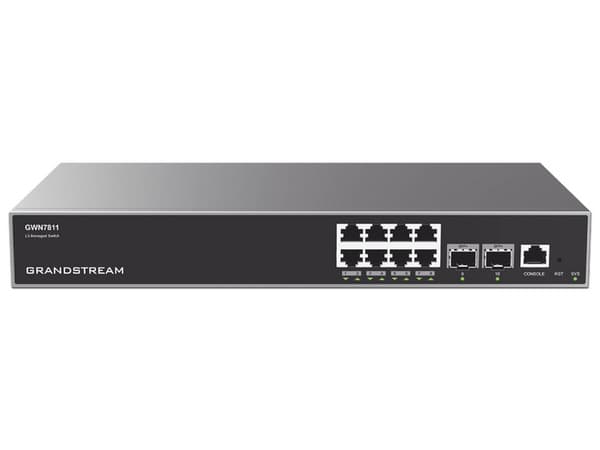 Switch Capa 3 administrable con 8 puertos 10/100/1000 Mbps, 2 puertos SFP Uplink, compatible con GWN Cloud.