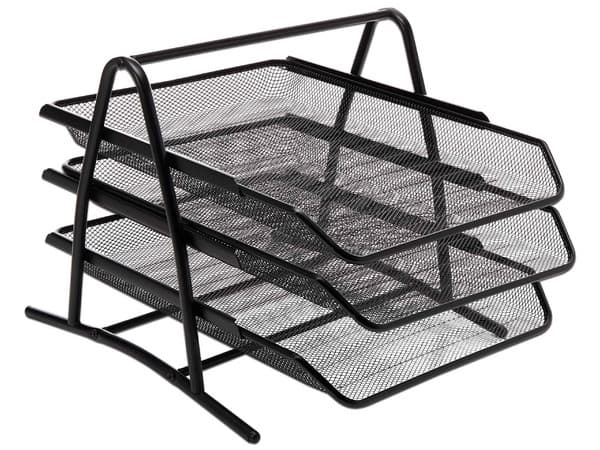 Charola organizadora de malla metálica Nextep de 3 niveles, color negro, tipo oficio. Paquete con 2 piezas.
