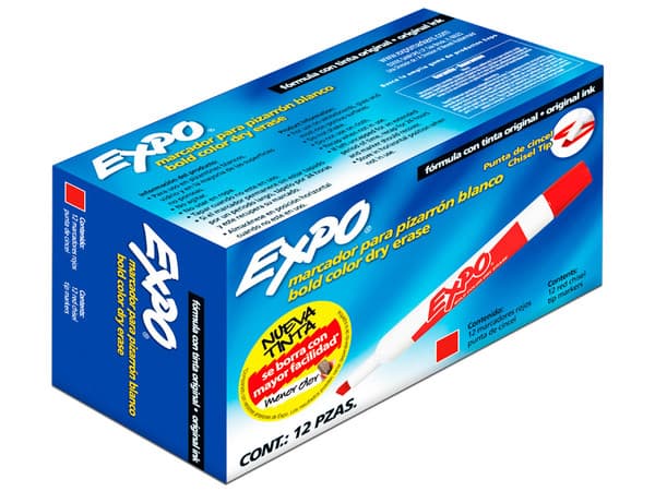 Paquete de Marcadores Expo para Pizarrón Blanco, Punta tipo Cincel, 12 piezas, Color Rojo.