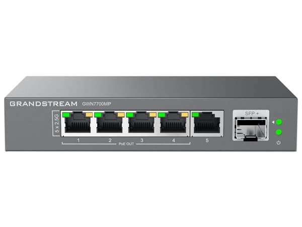 Switch No Administrable GWN7700MP, 5 Puertos 2.5GEth, 4 PoE af/at hasta 30w, 1 SFP+, 60w.