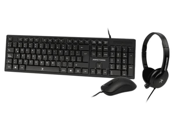 Kit Alámbrico Perfect Choice PC-201717, Incluye Teclado USB / Mouse Óptico USB / Diadema 3.5mm. Color Negro