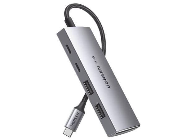 HUB USB-C 3.2 4 en 1 con 2 puertos USB-C 3.2 de 10 Gbps, 2 puertos USB-A 3.2 de 10 Gbps, compatible con OTG, MacBook, Chromebook, iMac, iPad Pro, iOS, Windows, MacOS y Android. Carcasa de aluminio con cable de nylon trenzado.