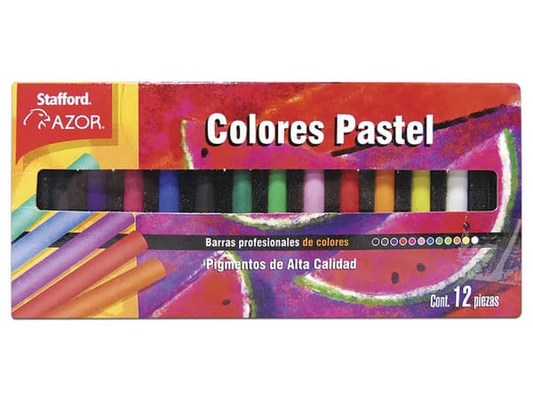 Estuche de Colores Stafford Pastel contiene 12 piezas de colores en seco, ideales para técnicas artísticas como dibujo y pintura en seco.