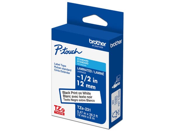 Cinta Laminada Brother TZE231G, Texto negro sobre cinta blanca, Tamaño de 12mm x 8m.