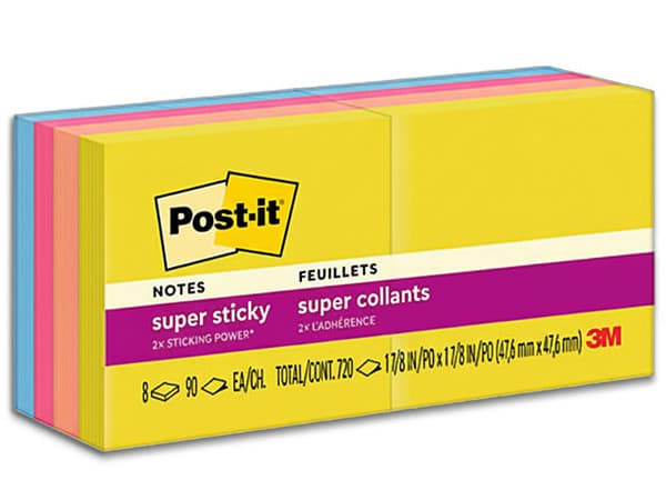 Notas Adhesivas 3M Post-it Super Sticky 2x2 Pulgadas (5x5 cm), Block con 90 Hojas, Paquete con 8 Blocks.