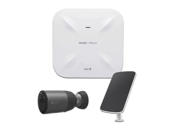 Kit de Cámara IP Inalámbrica tipo Bala EZVIZ CS-BC1C de 2MP (1920 x 1080), Incluye Punto de Acceso Industrial Ruijie, Wi-Fi 6, para Exterior y Panel Solar Para Recargar Cámara de Batería CSBC1C.