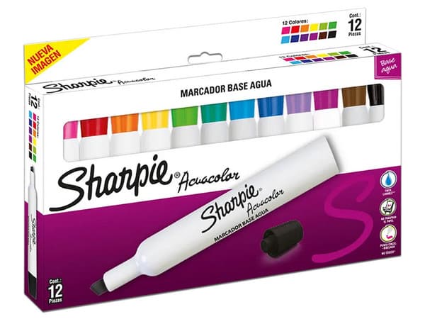 Marcadores Sharpie Acuacolor, Base de Agua, Caja con 12 Piezas, Colores Surtidos.