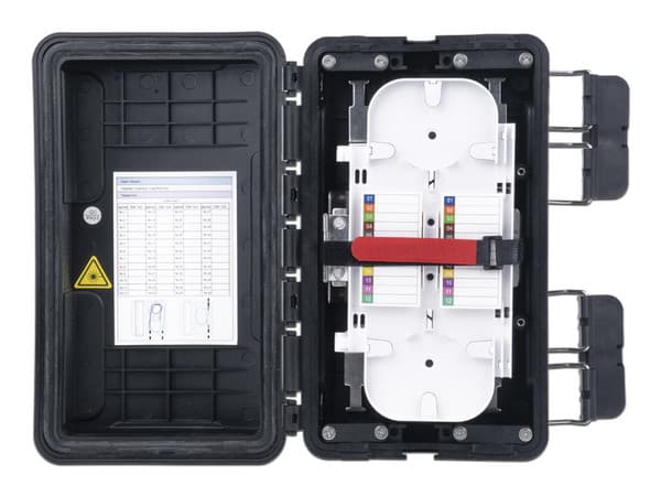 Caja de Distribución de Fibra Óptica FiberHome, Hasta 96 Empalmes, Exterior IP65, Color Negro.