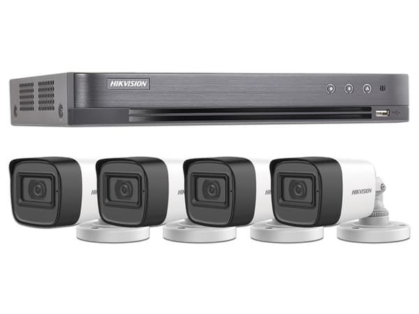 Kit de Videovigilancia Hikvision HIK5MPSLQ-KIT(B), DVR de 4 Canales TurboHD y 4 Canal IP, 4 Cámaras tipo Bala de 5MP con Micrófono, Fuente de Poder de 3.3A y 4 cables BNC coaxial.