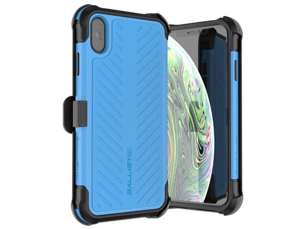 Funda Ballistic TJ Max para iPhone Xs Max. Color Azul. Con clip y mica de cristal templado.