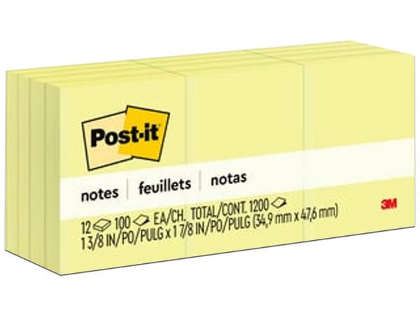 Notas Adhesivas 3M Post-it 653, 1.5 x 2", Color Amarillo. Paquete con 12 Bloques de 100 Hojas Cada Uno. Autoadhesivas y Sin Forro.